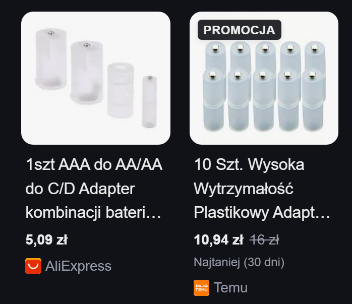Jaką kupić latarkę 3 Adpater baterii. Adaptery baterii. Bateria AAA na AA.